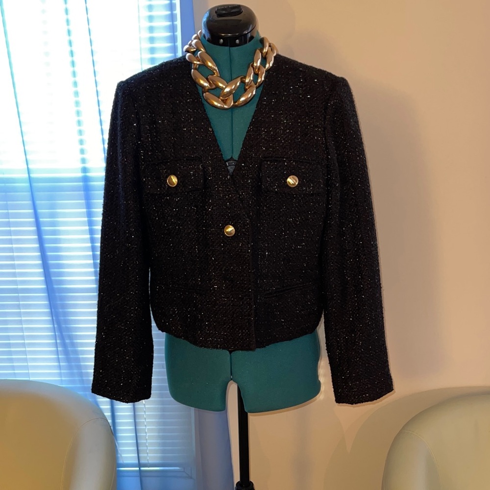 Ann Taylor Black Textured Blazer with Gold Accents